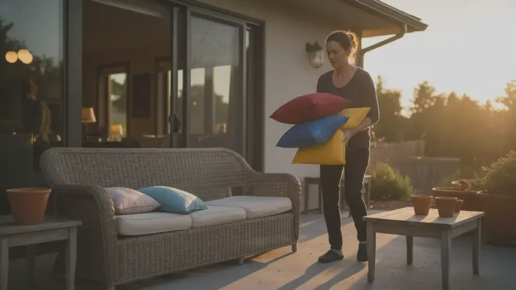 L&rsquo;astuce de 3 secondes qui protège les coussins de terrasse contre la décoloration